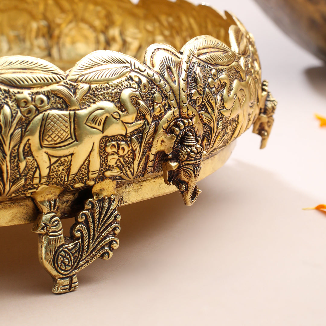 Brass Ganesha And Elephant Carving Urli (3.5 Inch) Vedansh Craft