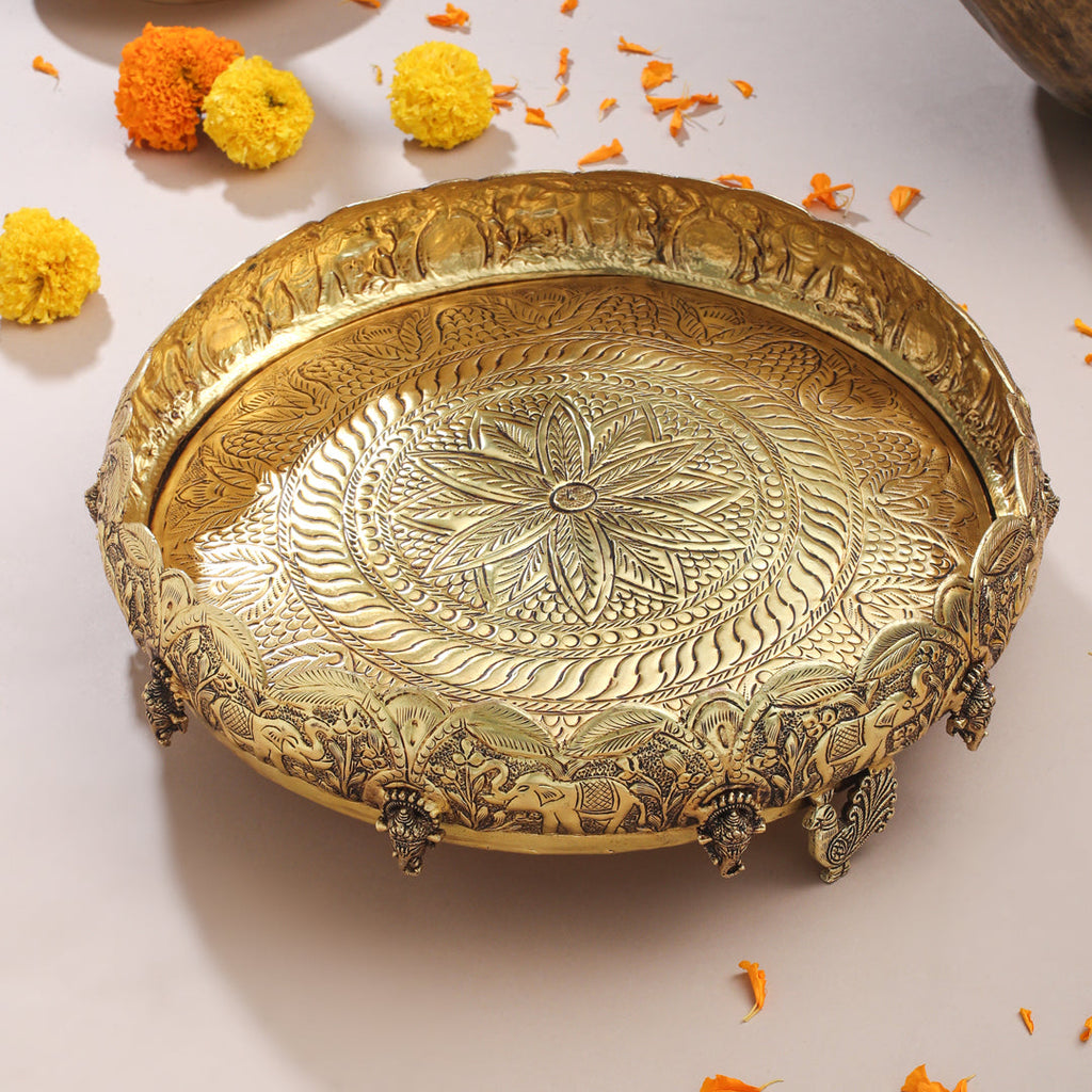 Brass Ganesha And Elephant Carving Urli (3.5 Inch) Vedansh Craft