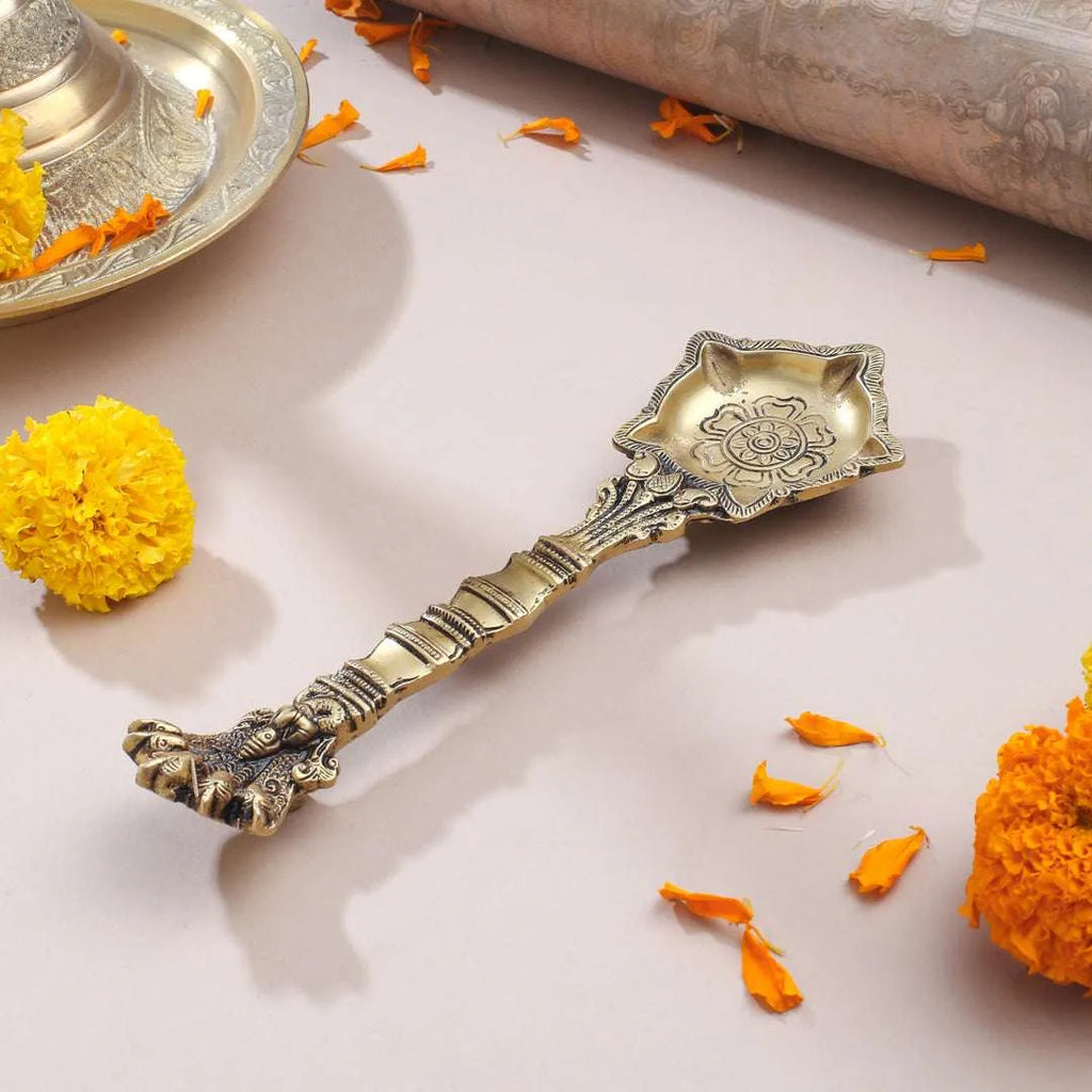 Antique Finish Brass Pooja Spoon | Handcrafted Ganga Jal Spoon for Rituals (9 Inch) Vedansh Craft