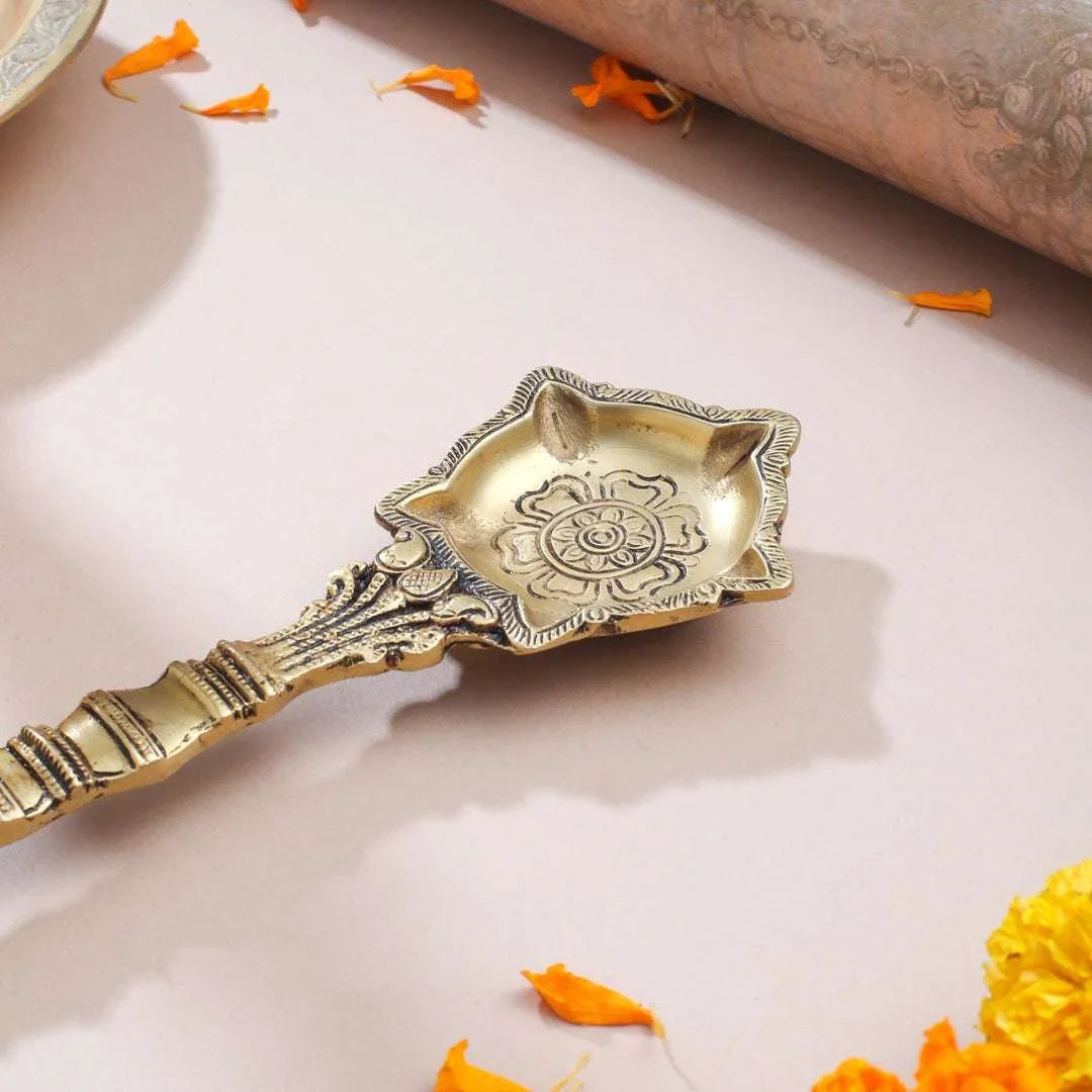 Antique Finish Brass Pooja Spoon | Handcrafted Ganga Jal Spoon for Rituals (9 Inch) Vedansh Craft