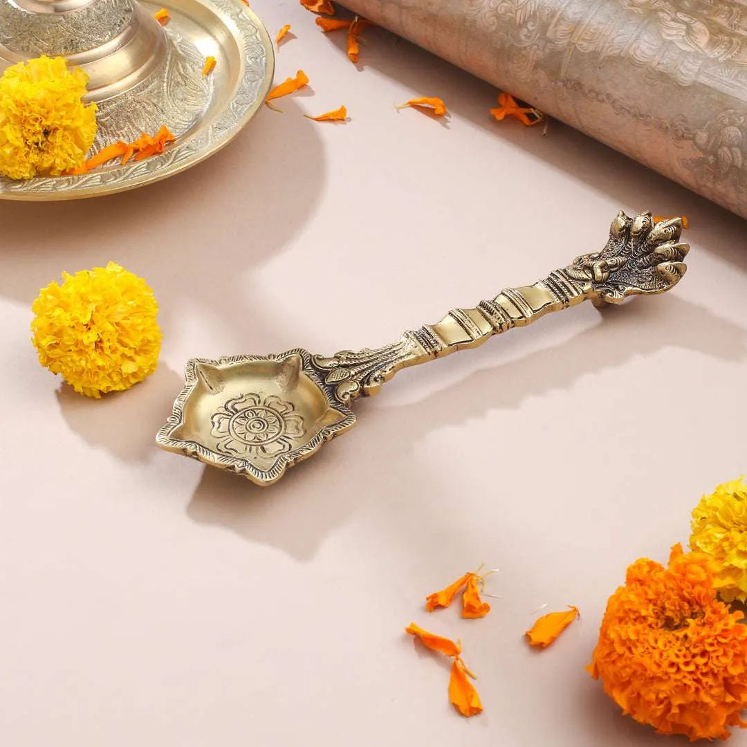 Antique Finish Brass Pooja Spoon | Handcrafted Ganga Jal Spoon for Rituals (9 Inch) Vedansh Craft