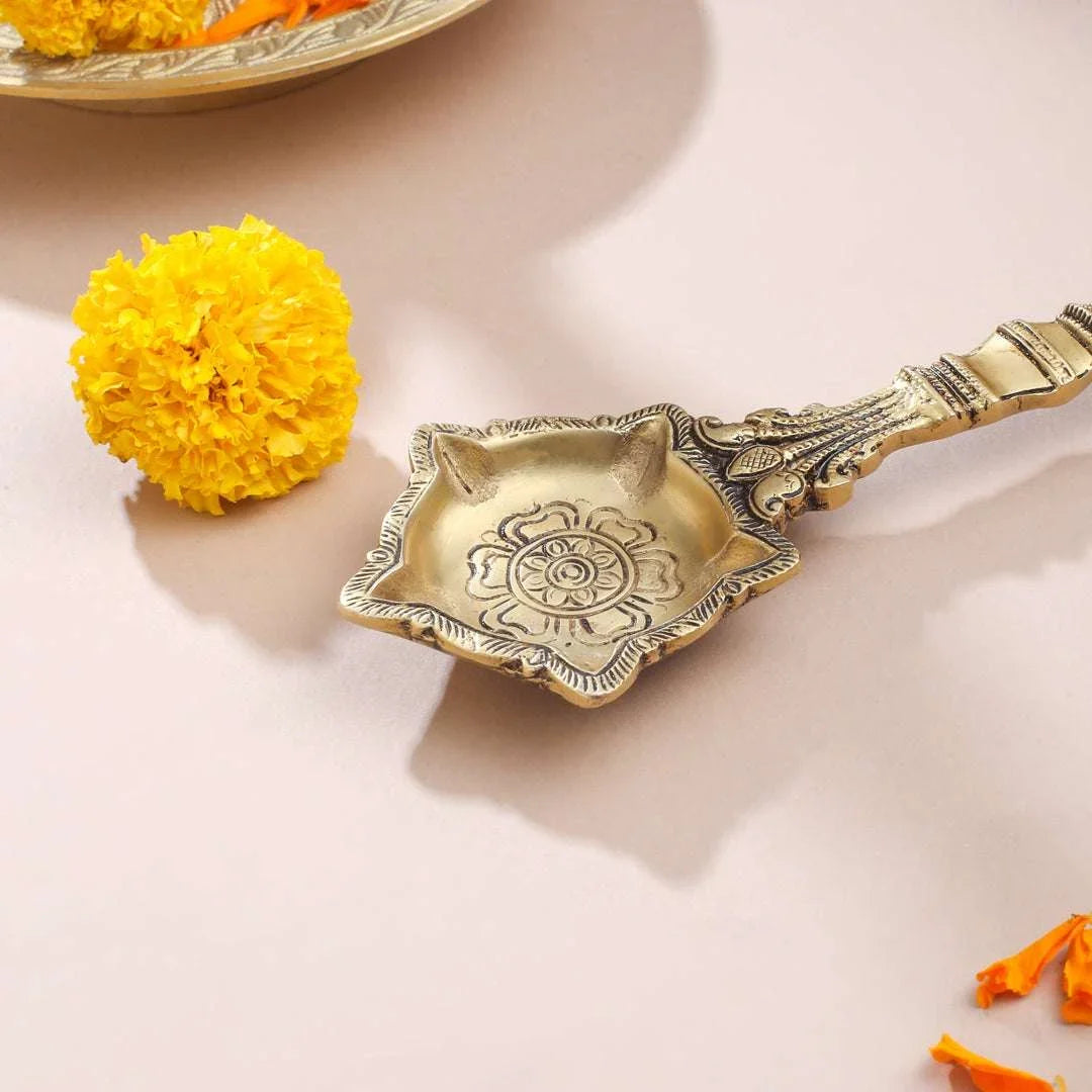 Antique Finish Brass Pooja Spoon | Handcrafted Ganga Jal Spoon for Rituals (9 Inch) Vedansh Craft