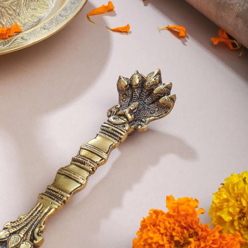 Antique Finish Brass Pooja Spoon | Handcrafted Ganga Jal Spoon for Rituals (9 Inch) Vedansh Craft