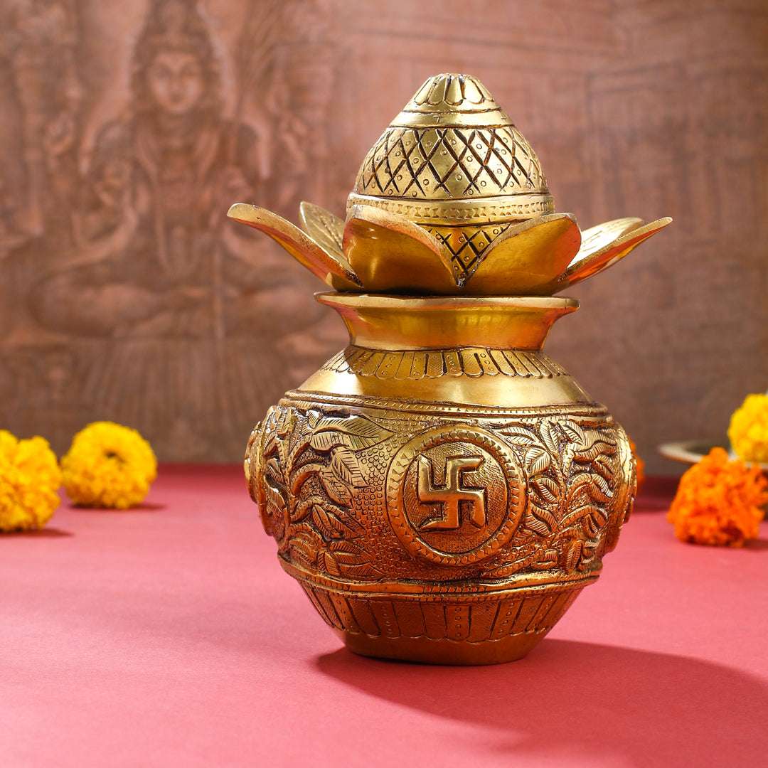 Brass Kalash with Coconut & Leaves (8 Inch) Vedansh Craft