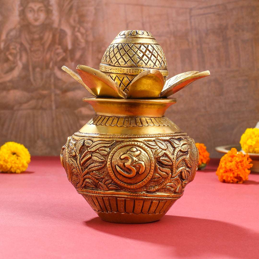 Brass Kalash with Coconut & Leaves (8 Inch) Vedansh Craft