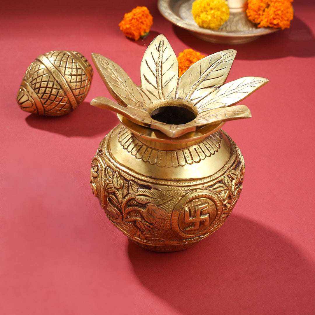Brass Kalash with Coconut & Leaves (8 Inch) Vedansh Craft