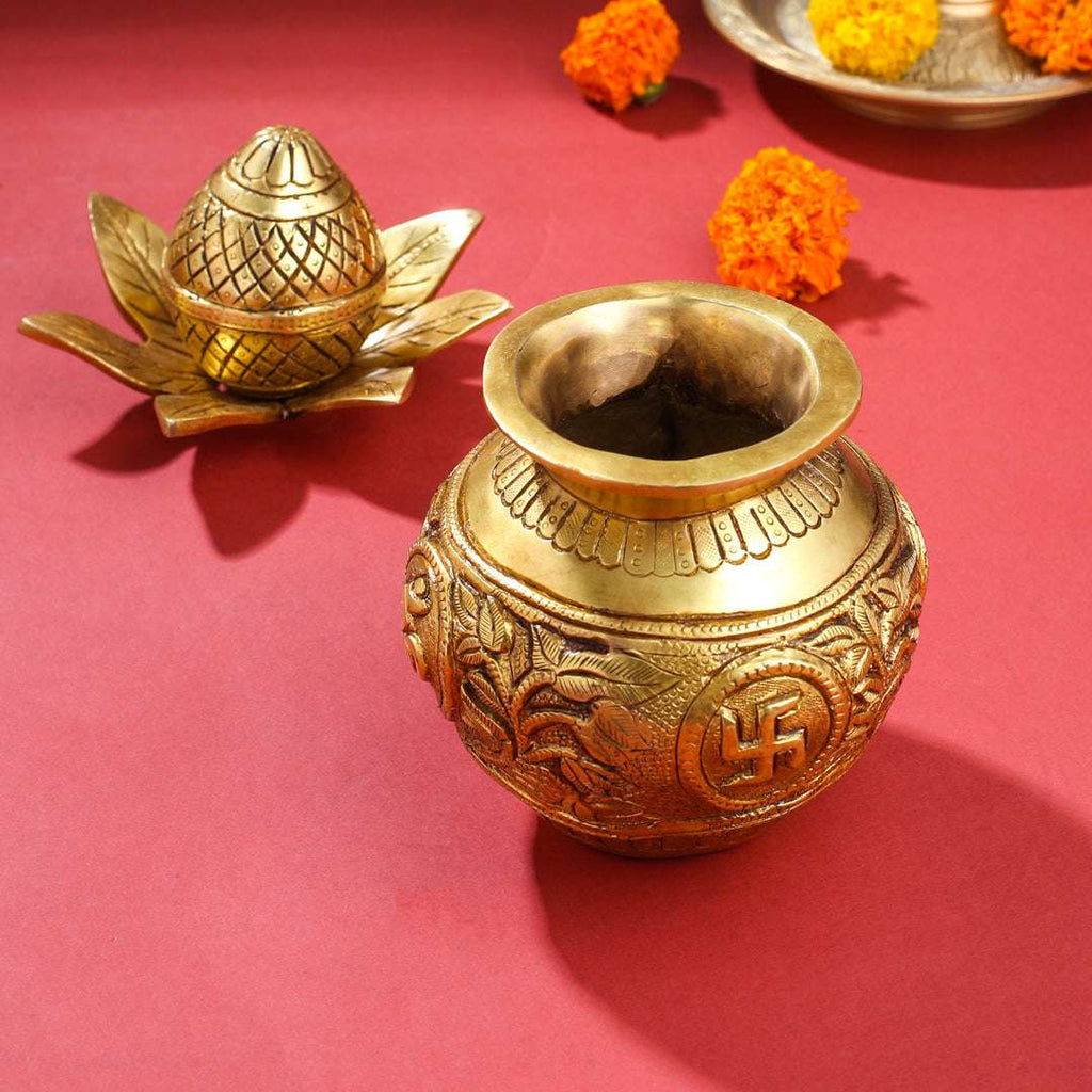Brass Kalash with Coconut & Leaves (8 Inch) Vedansh Craft