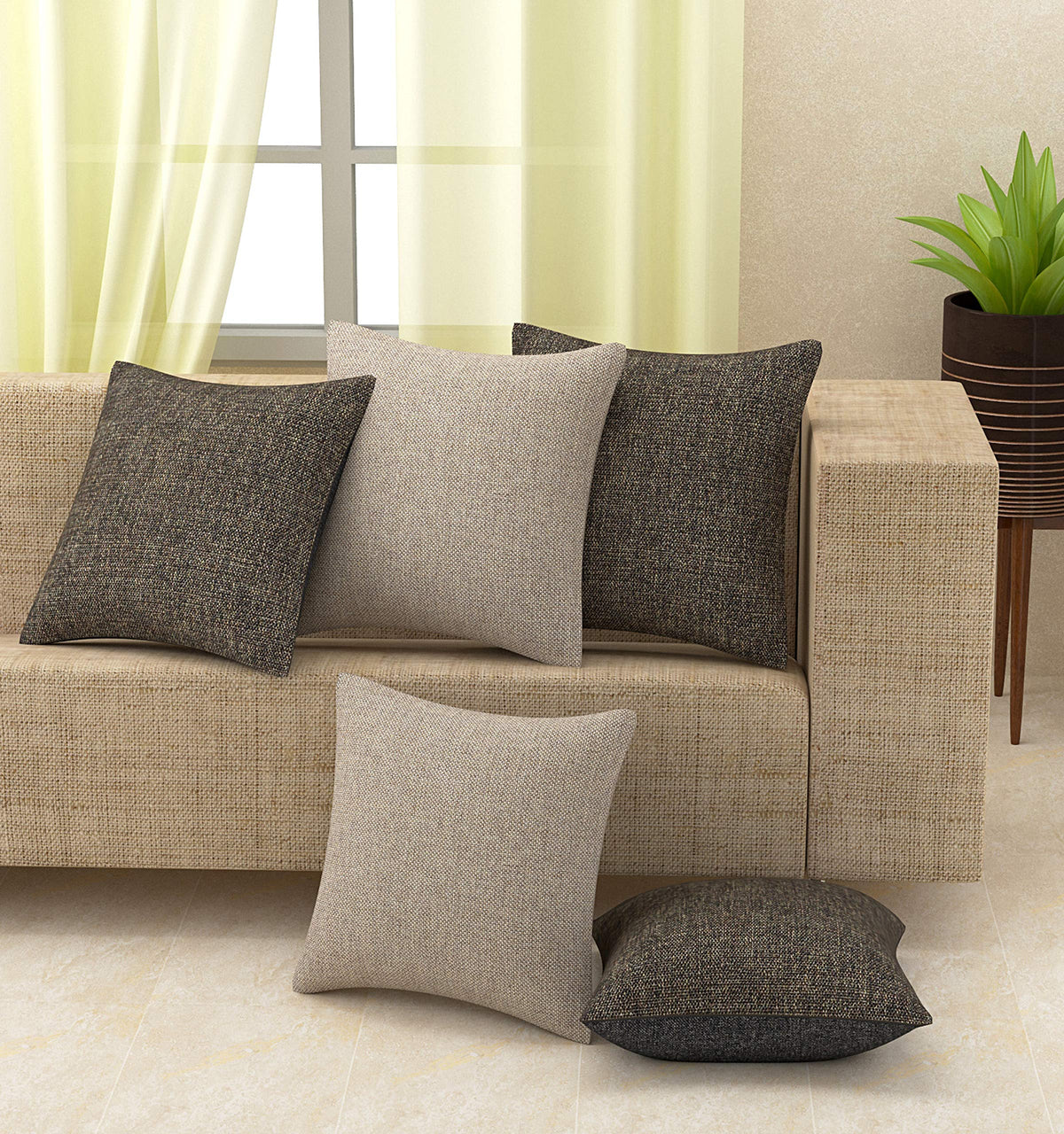 Yellow Weaves Jute Texture Cushion Covers, 16 X 16 Inches, Multicolour, Set of 5, 250 TC
