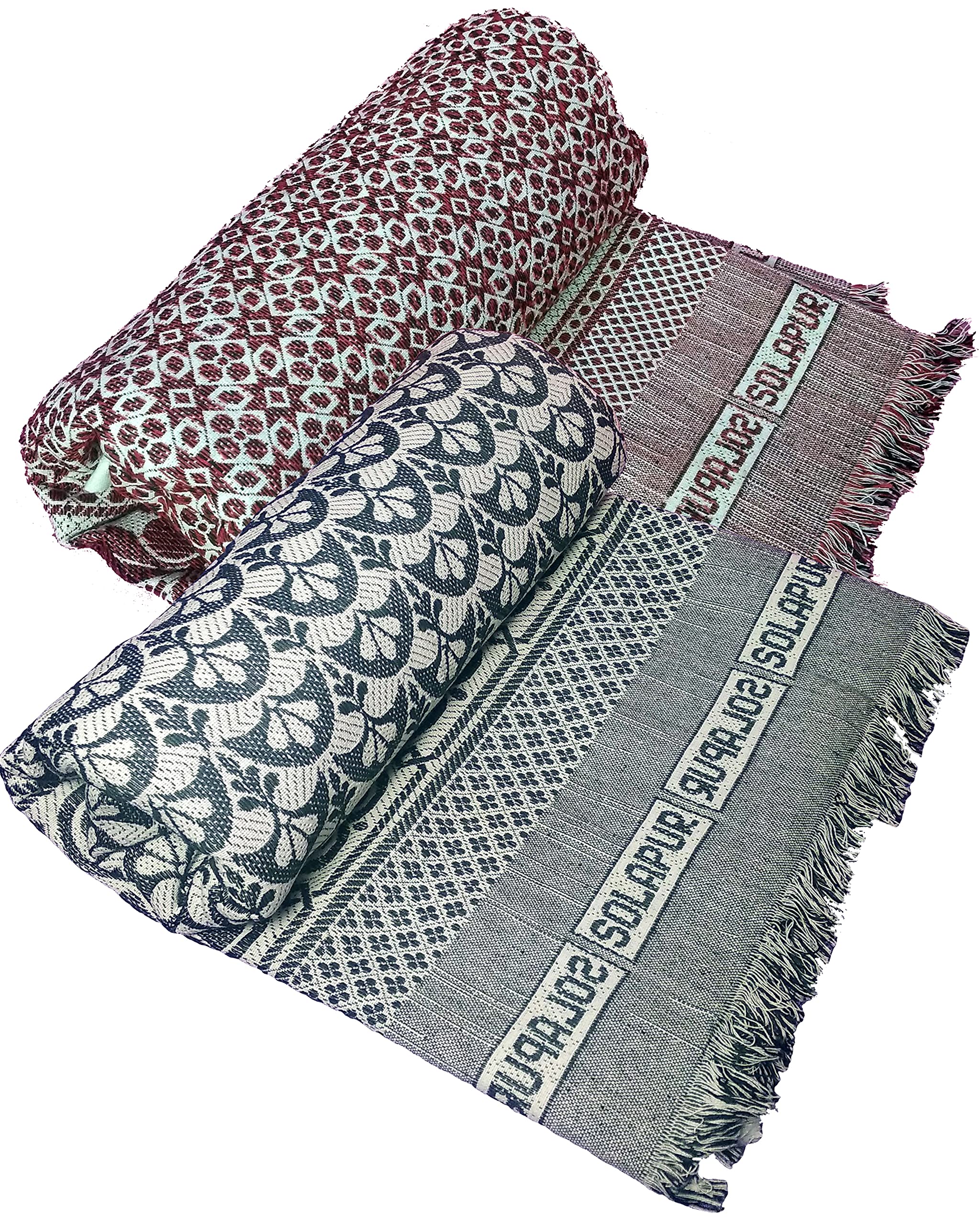 Cotonine - Cotton Single Size Solapur Chaddar Blanket, Bottle Green & Red, Pack of 2, Skin Friendly Kafalo