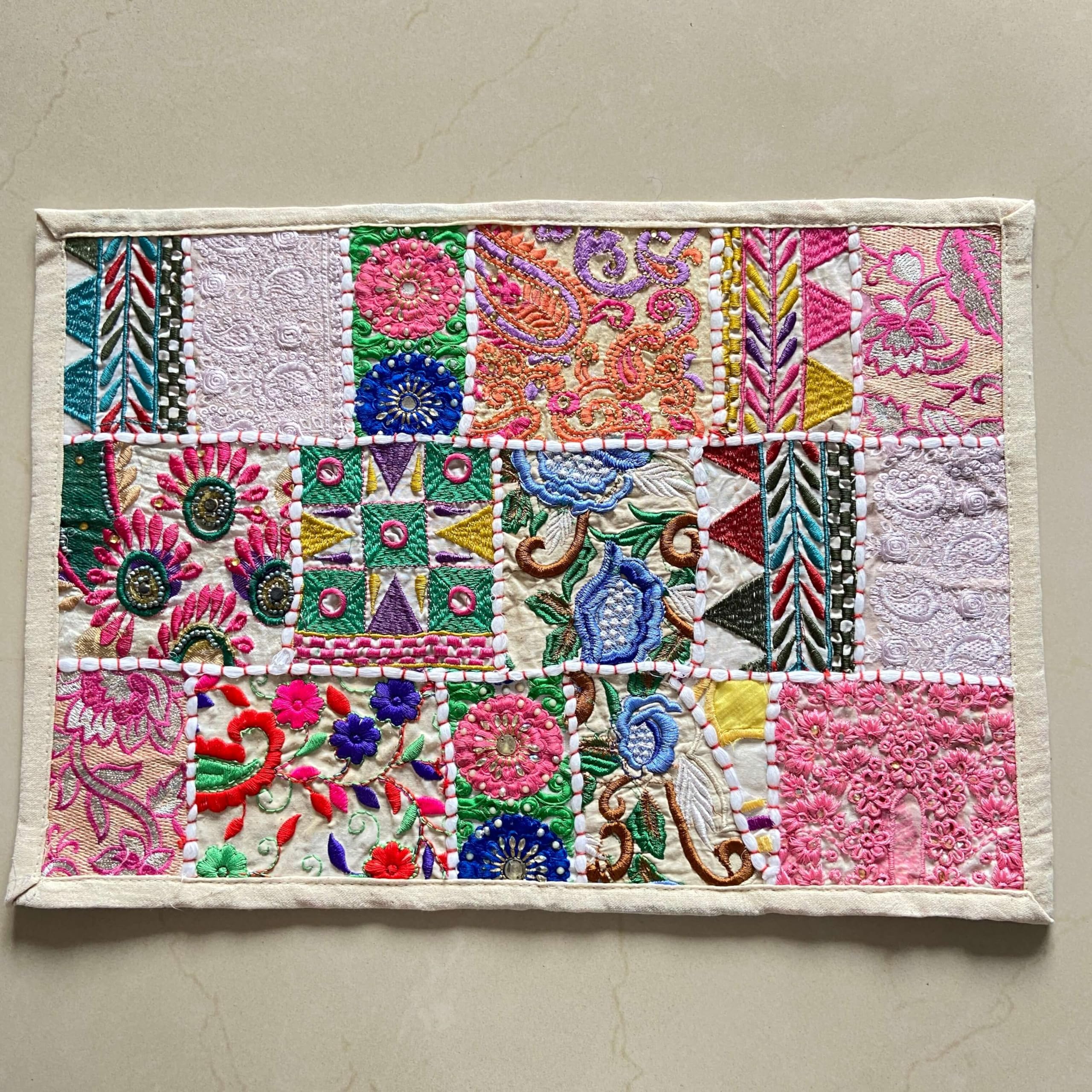ATRANGI STUDIO Patchwork Table Mat | Traditional Rajasthani Khambadiya Placemat | Handmade Reusable Dining Table Mat for Home Decor | Colourful Dining Setup | 12x18 Inch, White