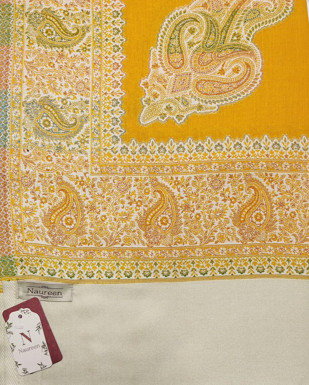 Naureen Women Faux Pashmina Kani Shawl with Contrast Palla, Warm and Soft, 40x80 inch (Mustard)