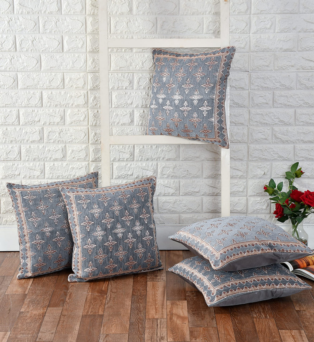 DECOMIZER Jacquard Geomteric Cushion Covers 16 Inch X 16 Inch Set Of 5 Ethnic Motifs 240 TC Cushion Covers,Design- Plus,Color- Grey