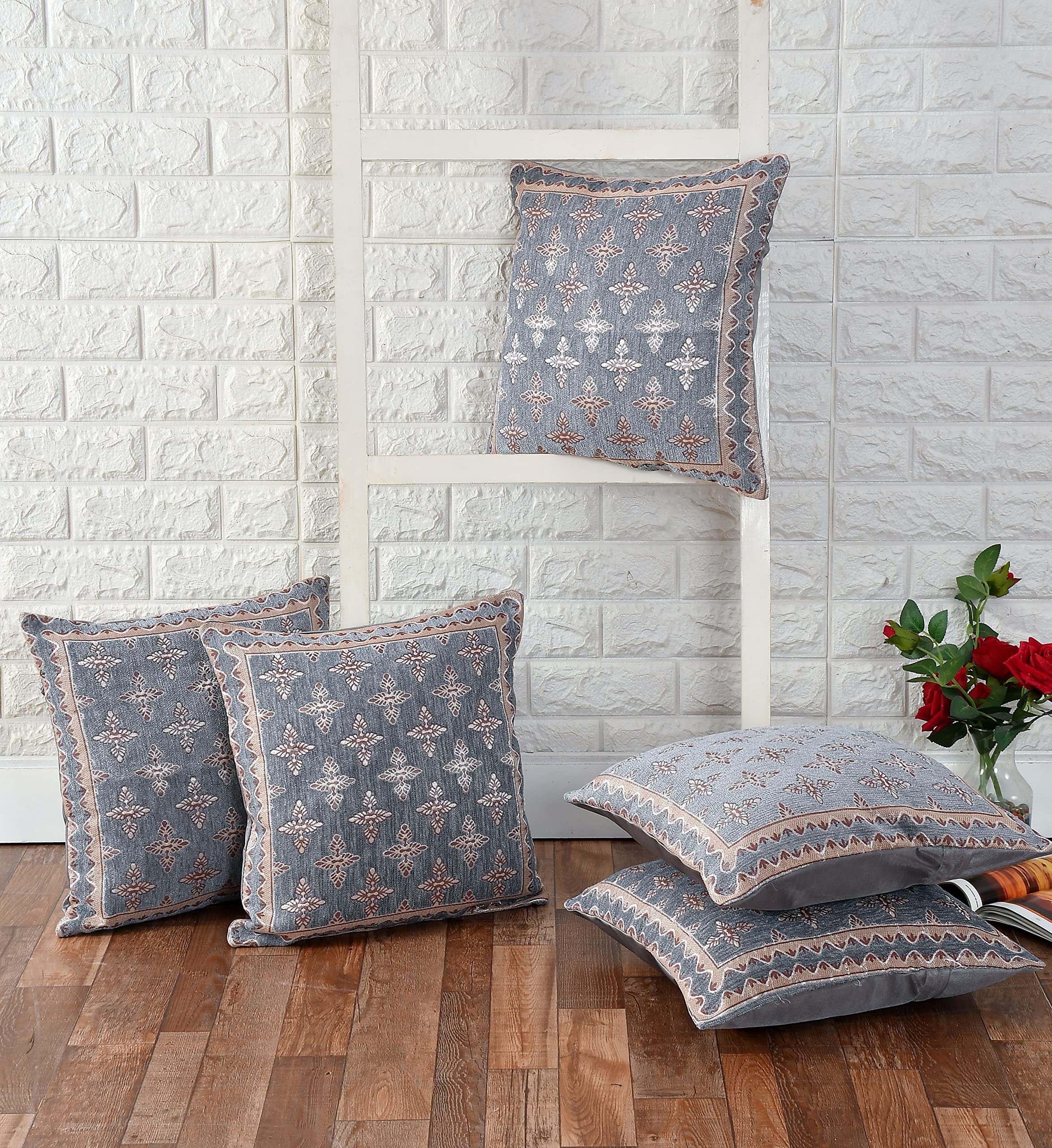 DECOMIZER Jacquard Geomteric Cushion Covers 16 Inch X 16 Inch Set Of 5 Ethnic Motifs 240 TC Cushion Covers,Design- Plus,Color- Grey