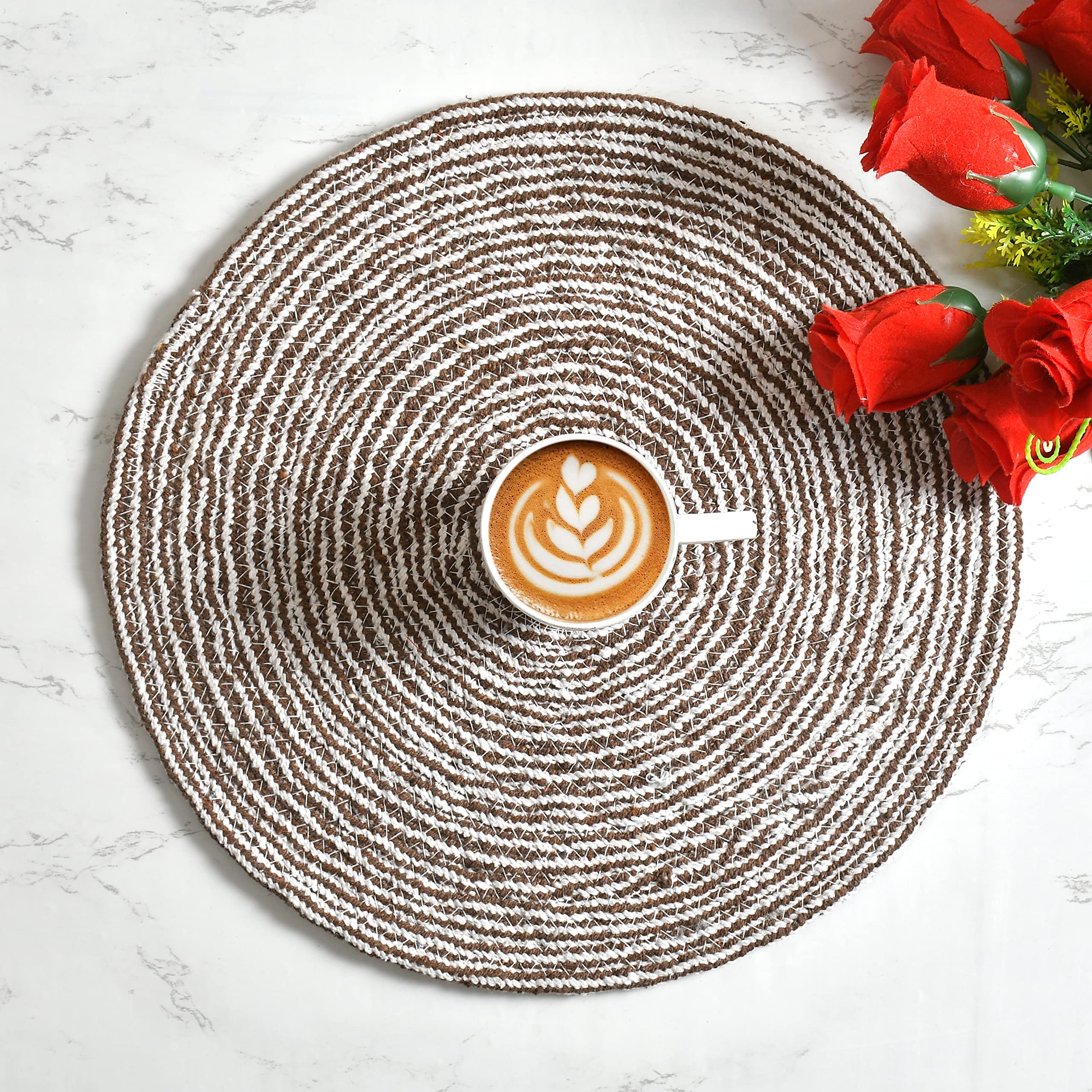 LaVichitra Braided Cotton Placemats 33 Cm Round - Dining Table, Bed Side/Centre Table/Shelves -White Brown - 2 Piece Kafalo