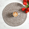 LaVichitra Braided Cotton Placemats 33 Cm Round - Dining Table, Bed Side/Centre Table/Shelves -White Brown - 6 Piece Kafalo