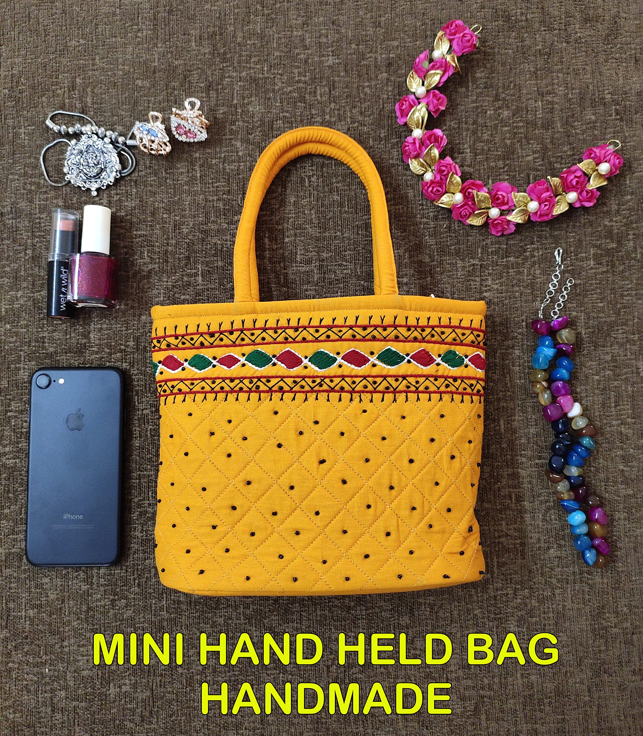 srishopify handicrafts Women Handbag Small Size Banjara Traditional MINI Handle Bag handmade Hand Purse Cotton 9x7x3 Inch Size original Beads Thread Work (yellow handbag small)