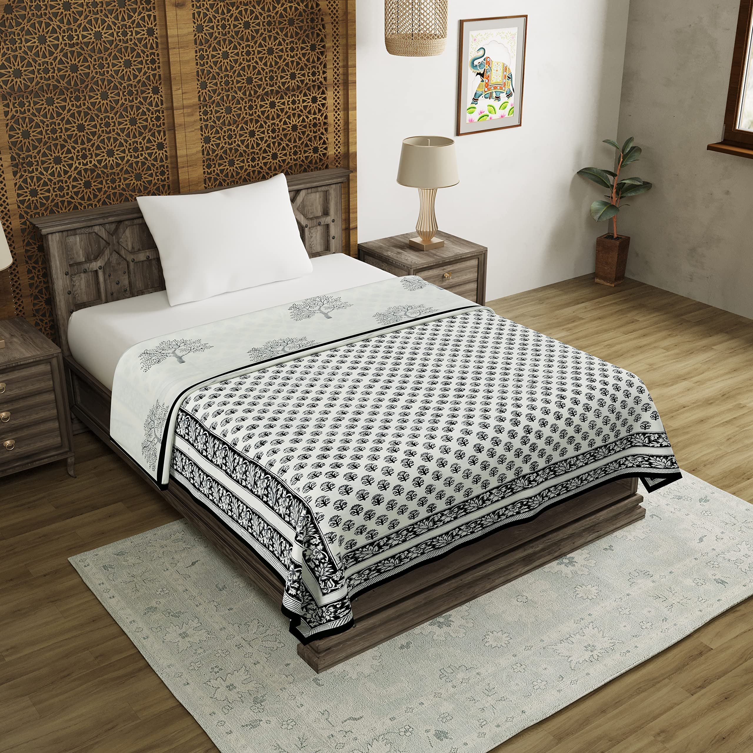BLOCKS OF INDIA Hand Block Printed Cotton Single Size Reversible Malmal Dohar for Summer (Grey & Black) Kafalo