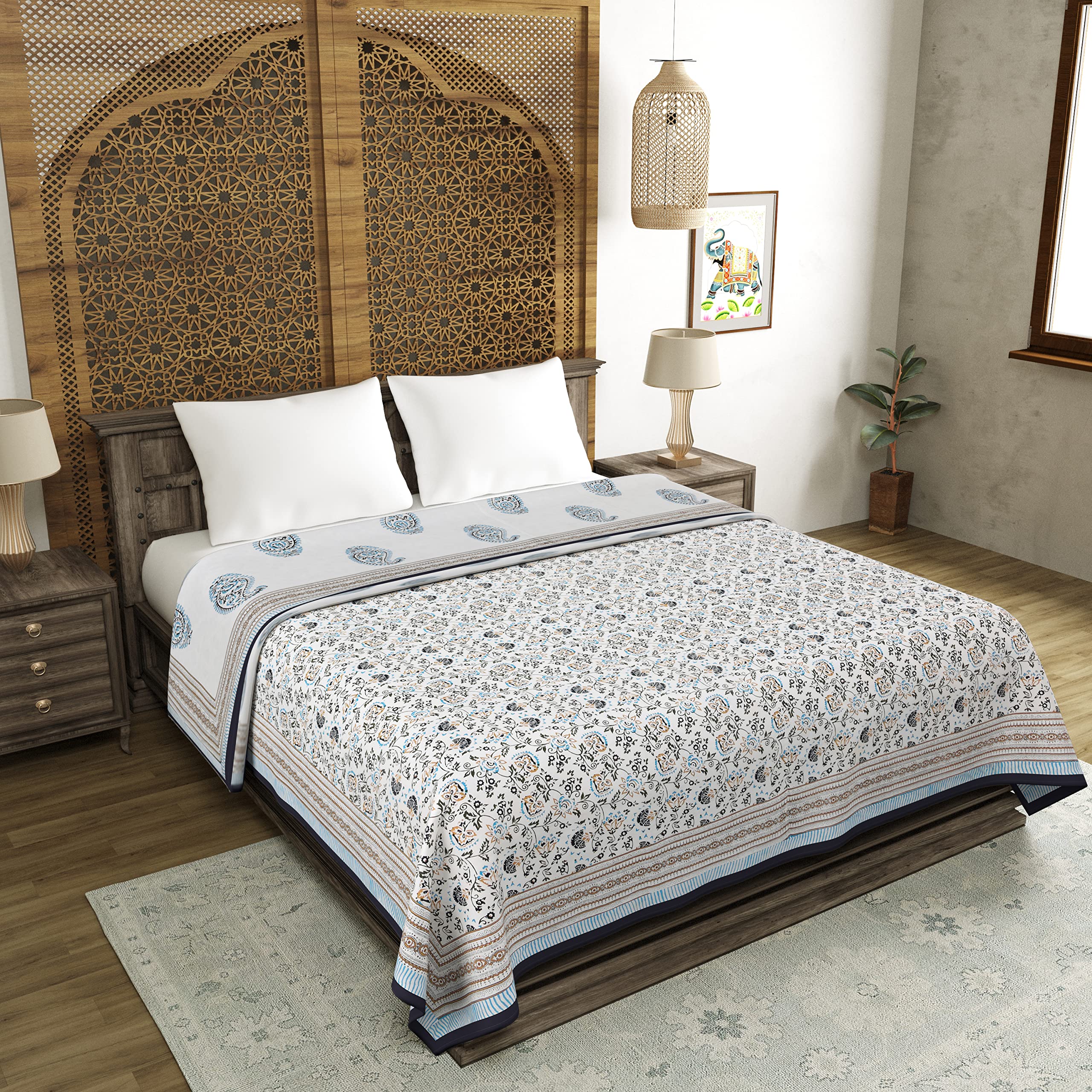 BLOCKS OF INDIA 100% Cotton Dohar King Size Reversible Hand Block Printed Malmal Summer Dohar/Blanket (Grey JAAL) Kafalo