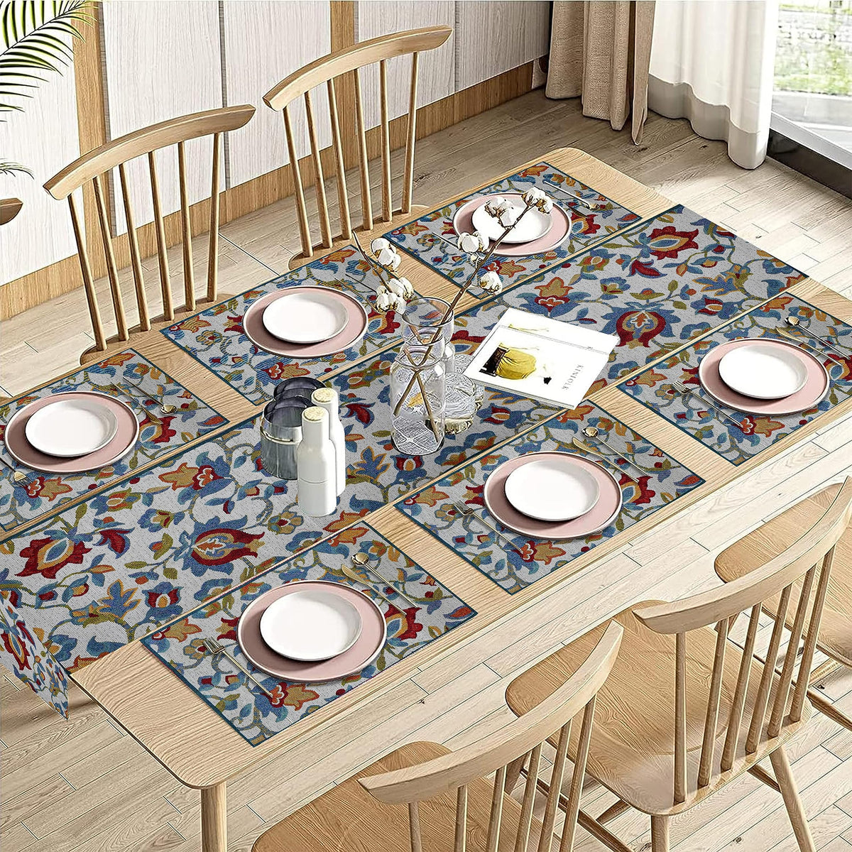 PRAKARTIK BY INDUARTS Rangoli Flower Tapestry Eco-Friendly Cotton Dining Table Mats with Runner – Reusable, Machine Washable, Everyday Use Multicolor Rectangular Placemats, Set of 6+180 cm Runner Kafalo