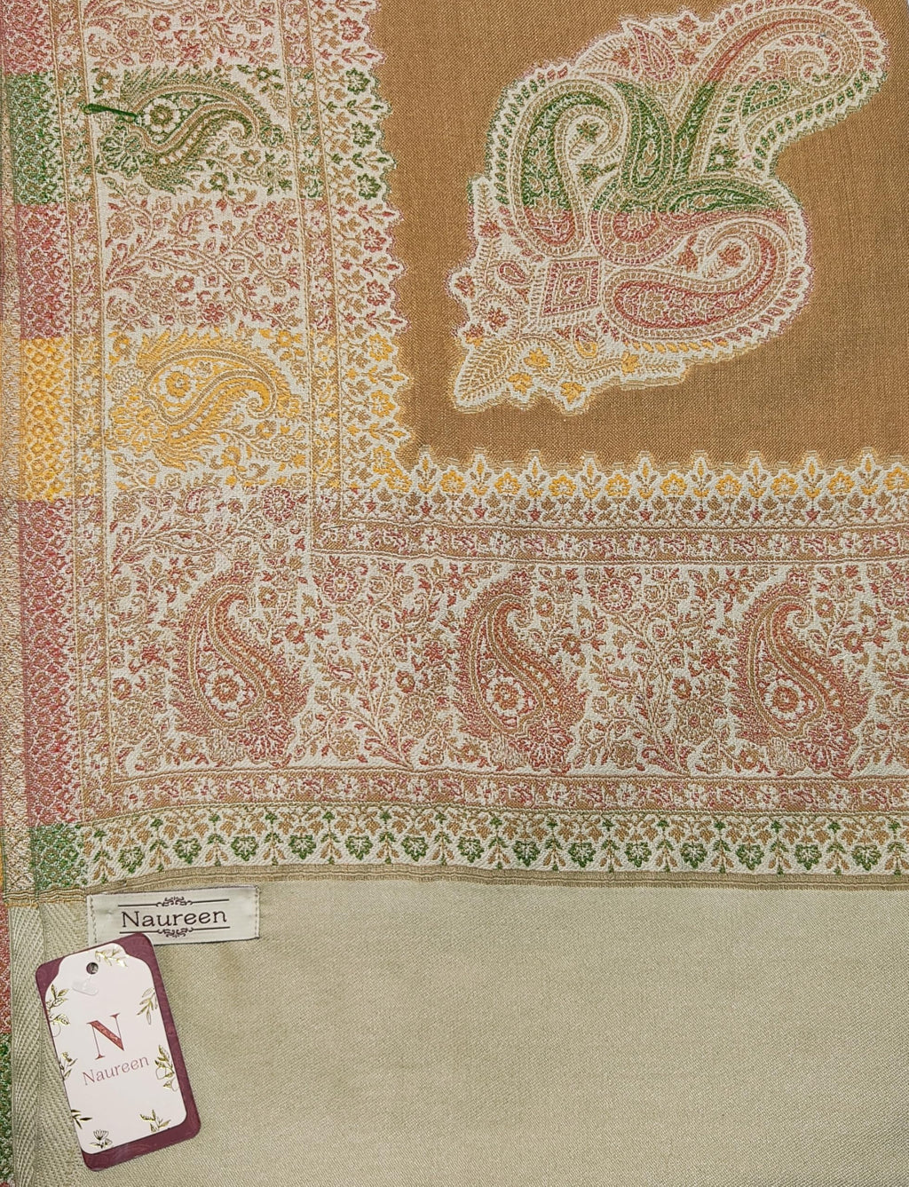 Naureen Women Faux Pashmina Kani Shawl with Contrast Palla, Warm and Soft, 40x80 inch (Beige)