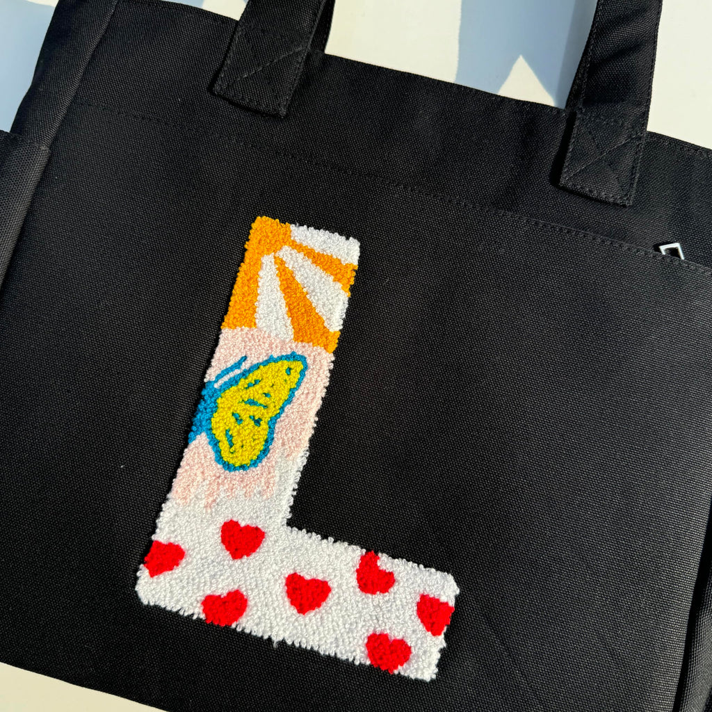TSANTA Alphabet Tufted Canvas Tote Bag for Women, Laptop Compatible, Zipper Pockets, 35x11x31 cm, Multi, Cotton, Shoulder Strap, Personalised Letter Design