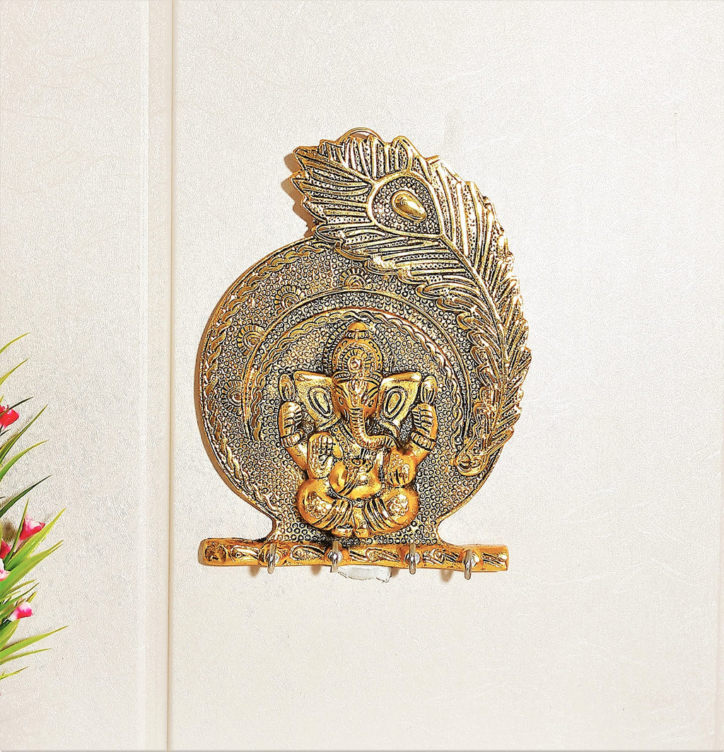 KridayKraft Metal Ganesha ji Key Holder with Meena Work Decorative for Wall | Ganesh Statue/Religious | Idol/Wall Hanging (Ganesh Pankhi)