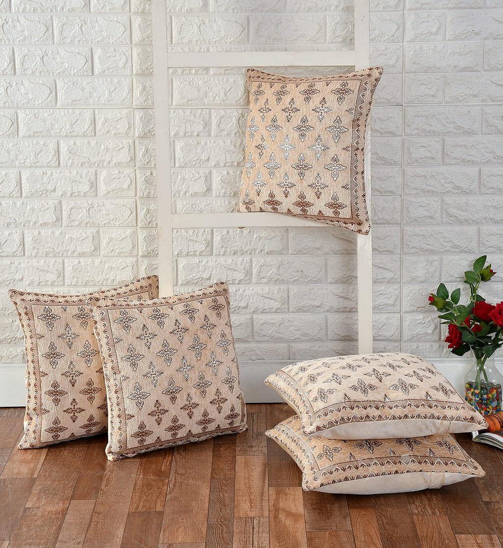 DECOMIZER Jacquard Geomteric Cushion Covers 24 inch x 24 inch Set of 5 Ethnic Motifs Cushion Covers,Design- Plus,Color- Beige
