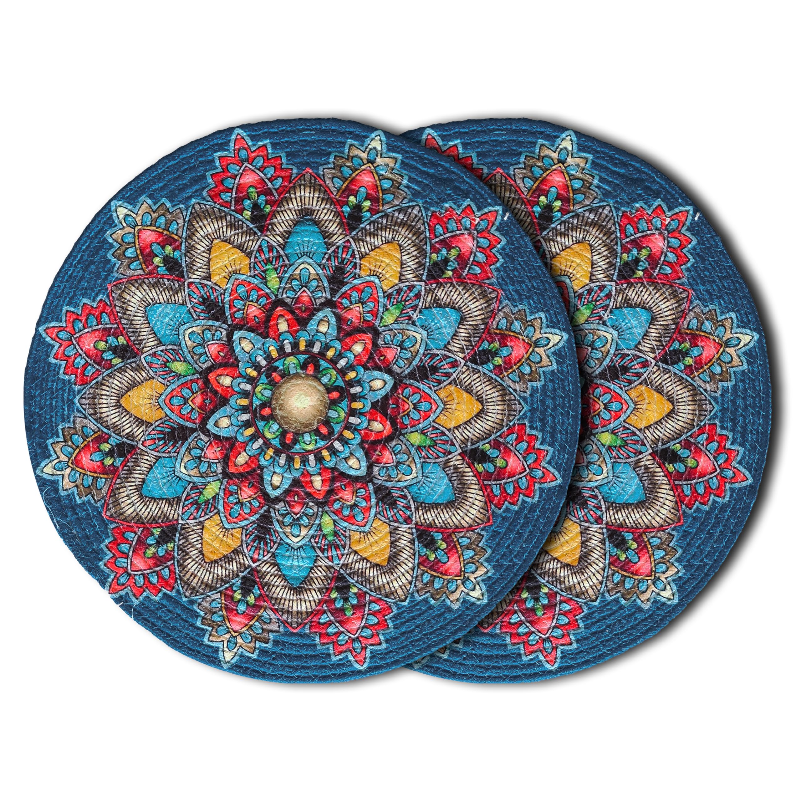 SLEEKBODE™ Placemat for Dining Table | Cotton Table Placemat Set of 2 Pieces | Bed Side Table Mat | Cotton Round Shape Placemat | Side Table Cover | Round Table Mat (Blue Rangoli) Kafalo