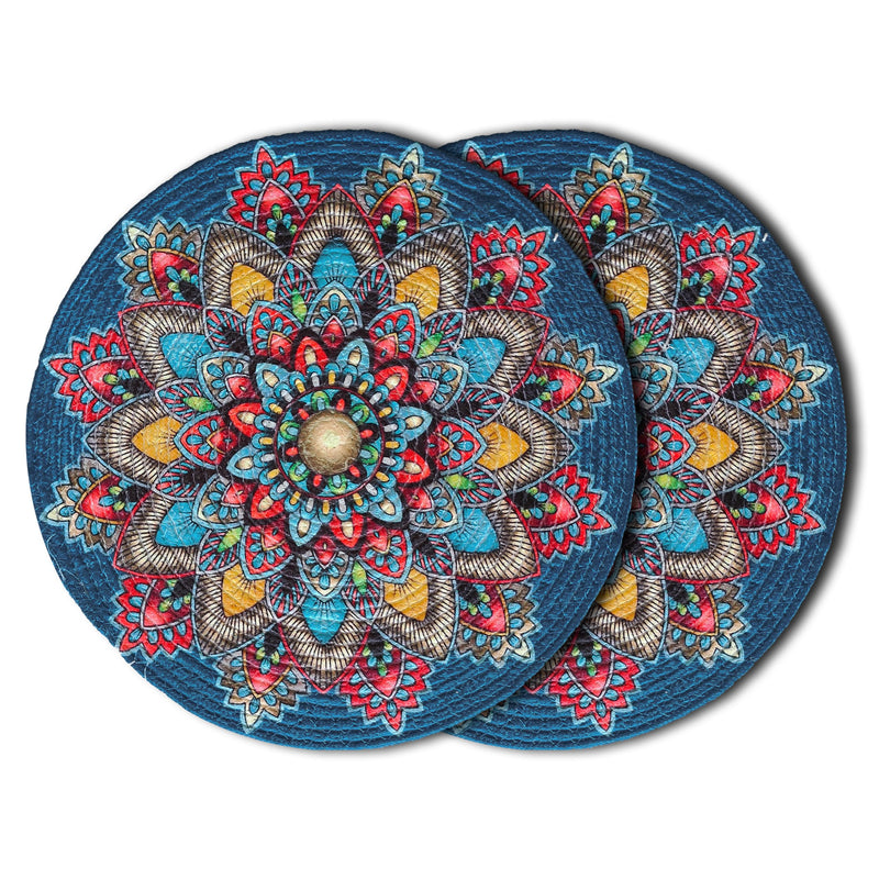 SLEEKBODE™ Placemat for Dining Table | Cotton Table Placemat Set of 2 Pieces | Bed Side Table Mat | Cotton Round Shape Placemat | Side Table Cover | Round Table Mat (Blue Rangoli) Kafalo