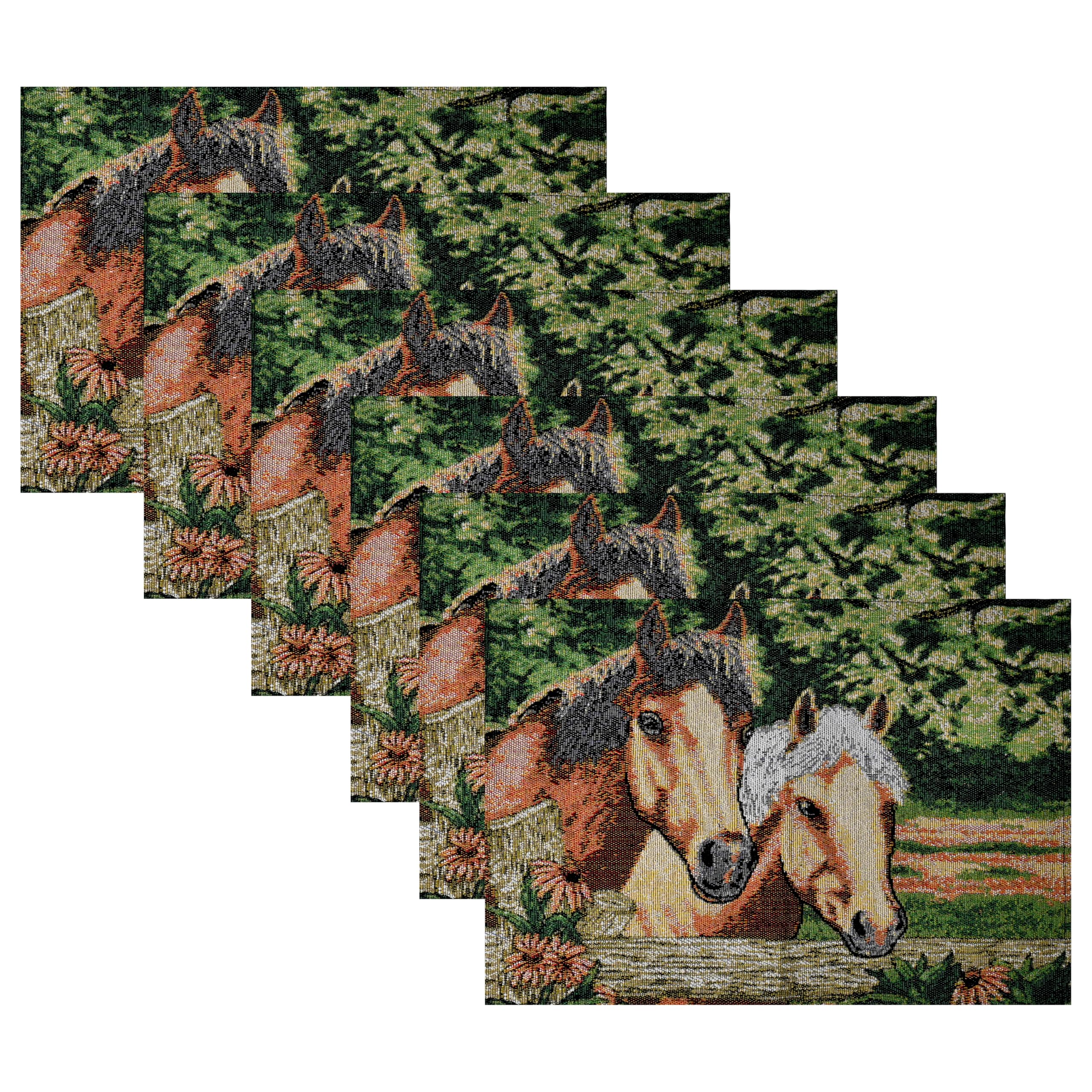 PRAKARTIK BY INDUARTS Horse Design Eco-Friendly Cotton Dining Rectangular Table mats - Reusable, Machine Washable, Everyday Use Green & Brown Placemats, Set of 6 (33x47 cm) Kafalo