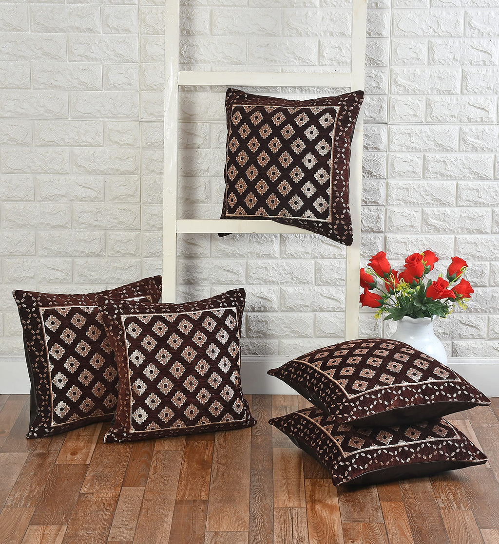 DECOMIZER Jacquard Geomteric Cushion Covers 16 Inch X 16 Inch Set Of 5 Ethnic Motifs 240 TC Cushion Covers,Design- Diamond,Color- Coffee