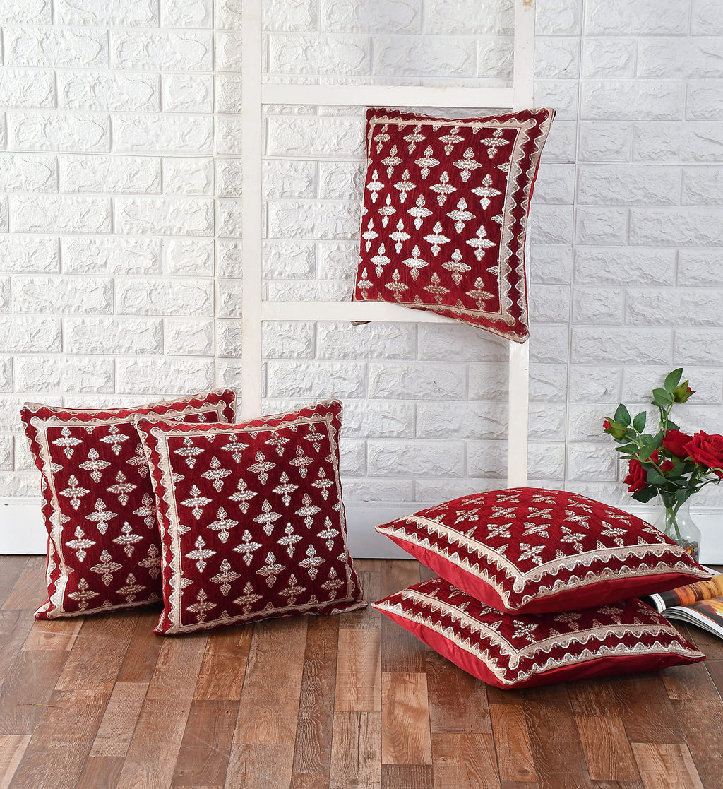 DECOMIZER Jacquard Geomteric Cushion Covers 24 Inch X 24 Inch Set Of 5 Ethnic Motifs 240 TC Cushion Covers,Design- Plus,Color- Maroon