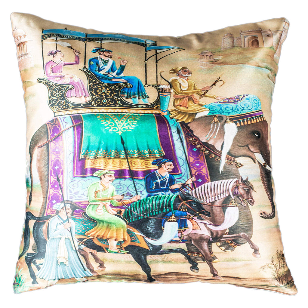 Vendola Rajasthani Satin 250TC Cushion Pillow Covers, Multicolour, Set of 5 (16X16 Inches, Chariots)