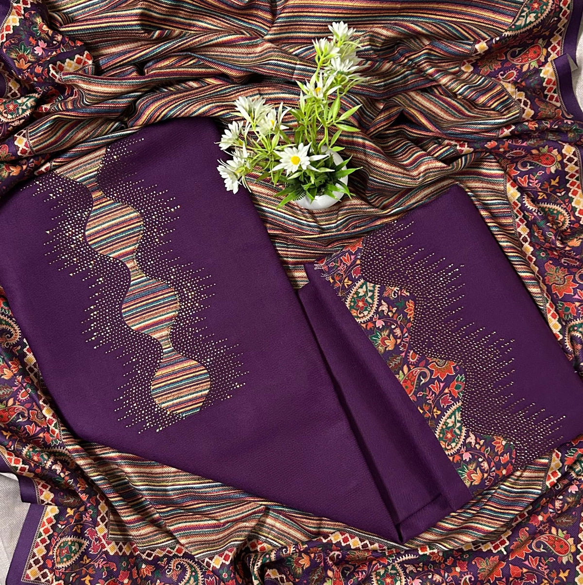 EJS Women's Winter Unstitched Woolen Pashmina Digital Printed Swarovski Work Salwar Suit Dress Material With Soft/Pashmina Shawl (Noor-e-Amethyst)