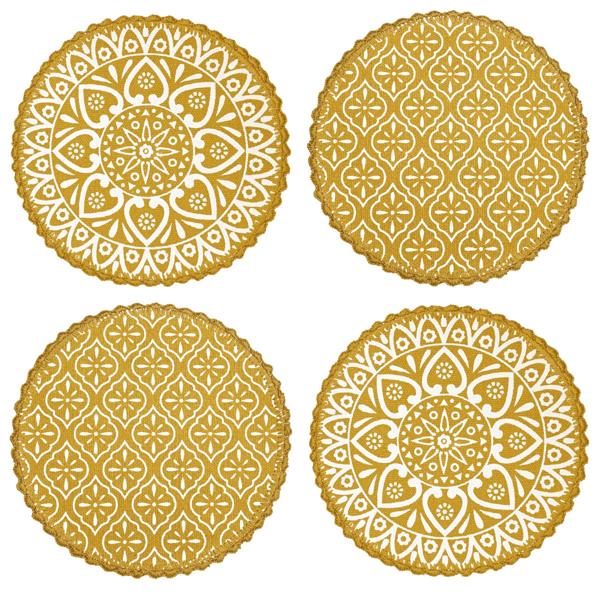 SARAL Home Jute and Cotton Crochet Antiskid Printed Round Table Mat|Placemats for Bed-Side Table, Center Table, Dining Table, Shelves|Home Decor, Set of 4 pc (Yellow, 38x38 cm) Kafalo