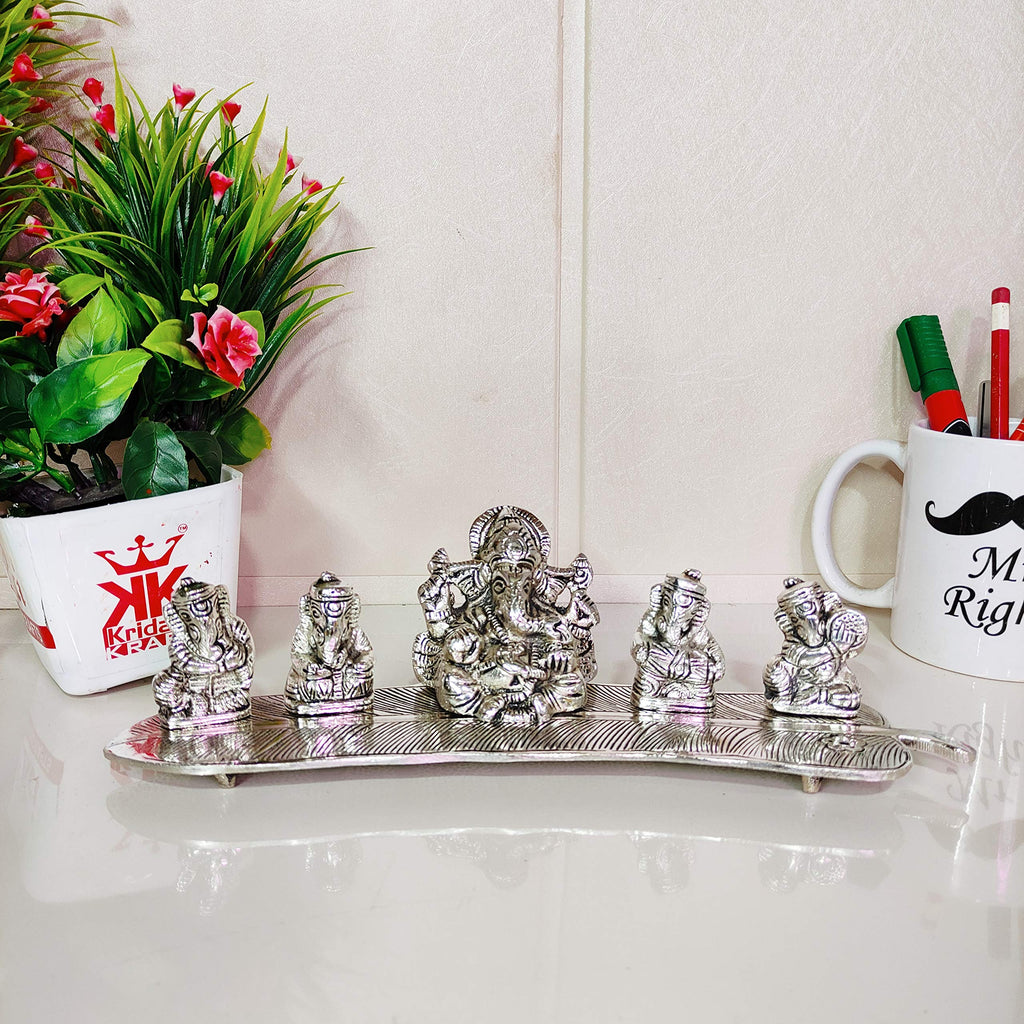 KridayKraft White Metal 5 Ganesh Silver Plated with Musical Instrument on Leaf for Home Décor Musical Ganesha for Home Décor of Corporate Gift, Diwali, House