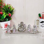 KridayKraft White Metal 5 Ganesh Silver Plated with Musical Instrument on Leaf for Home Décor Musical Ganesha for Home Décor of Corporate Gift, Diwali, House