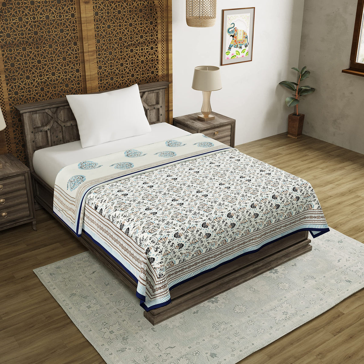 BLOCKS OF INDIA Hand Block Printed Cotton Single Size Reversible Malmal Dohar for Summer (Grey Jaal), 300 TC Kafalo