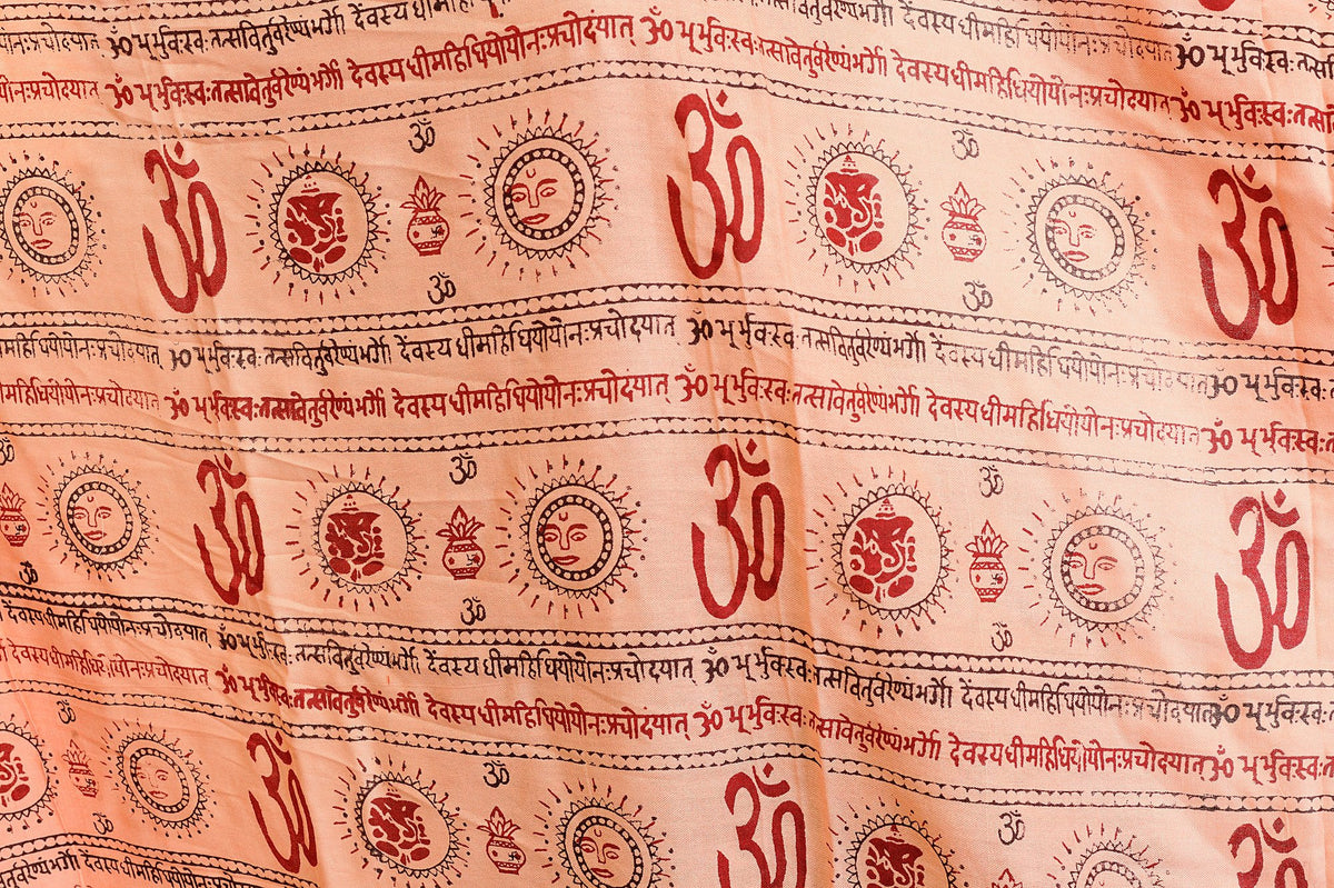 Exotic India Women's Polycotton Prayer Shawl with Printed Om and Gayatri Mantra Stole, Scarves For Pooja, Festive