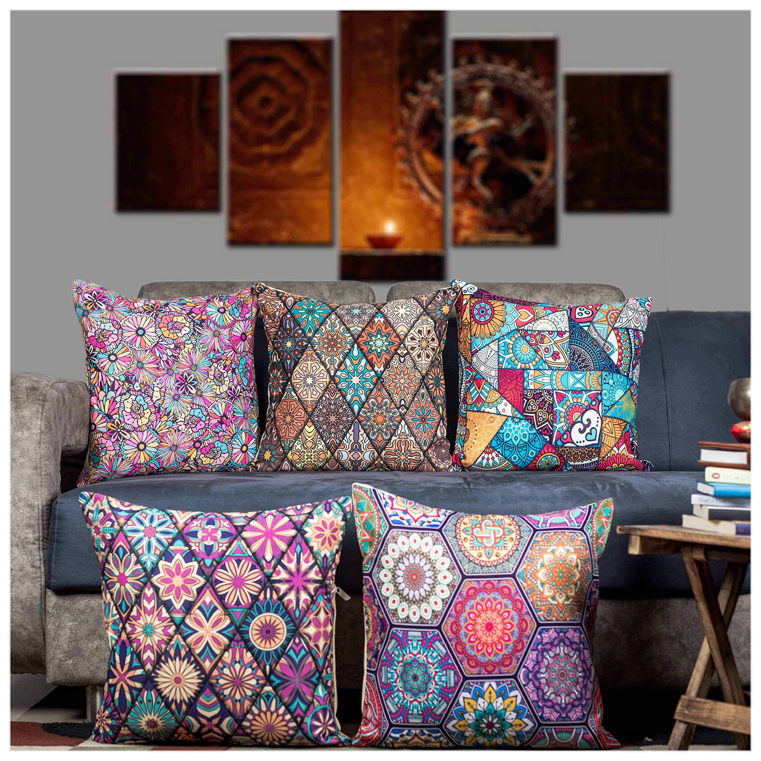 Vendola Decorative Satin Sofa Cushion Covers Set of 5, 24 Inch x 24 Inch, Sofa Pillow Cover, Multicolor, Geometrical Turkish Design, Zipper Closure (Turkey, 24X24 Inches)