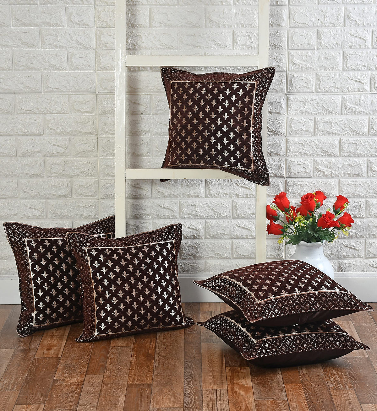 DECOMIZER Jacquard Geomteric Cushion Covers 24 Inch X 24 Inch Set Of 5 Ethnic Motifs 240 TC Cushion Covers,Design- Star,Color- Coffee