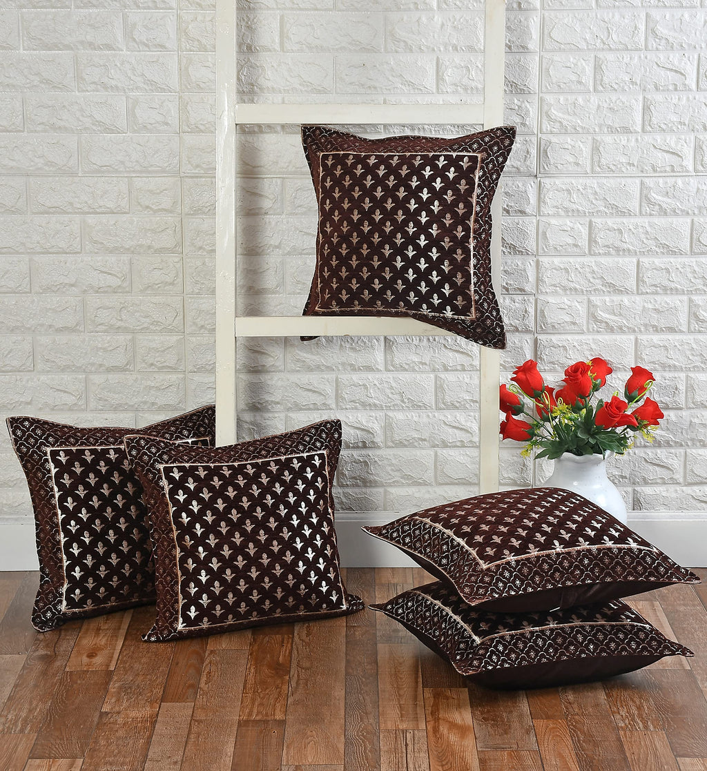 DECOMIZER Jacquard Geomteric Cushion Covers 16 Inch X 16 Inch Set Of 5 Ethnic Motifs Cushion Covers,Design- Star,Color- Coffee, 240 TC