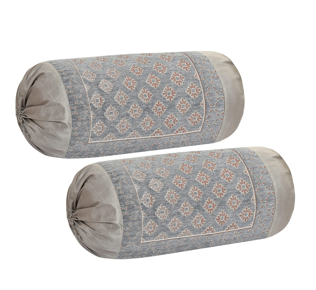 DECOMIZER Jacquard Geomteric Bolster Cover Set | 16x32 Inches | 200 Tc | Dewan Round Pillow Covers | Bed Side Long Pillow Case - (Diamond Grey - Set of 2)