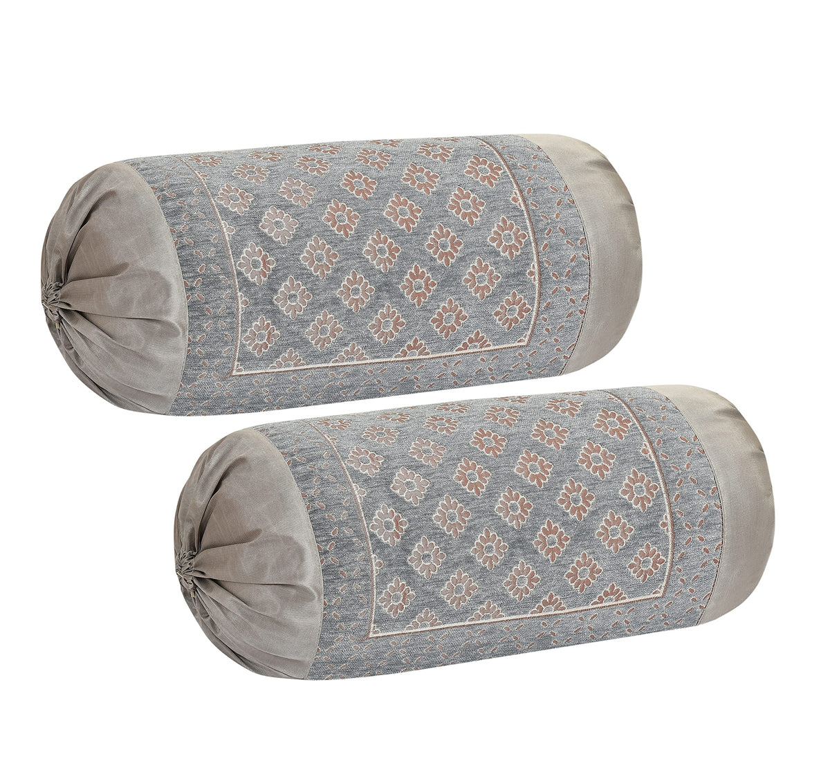 DECOMIZER Jacquard Geomteric Bolster Cover Set | 16x32 Inches | 200 Tc | Dewan Round Pillow Covers | Bed Side Long Pillow Case - (Diamond Grey - Set of 2)