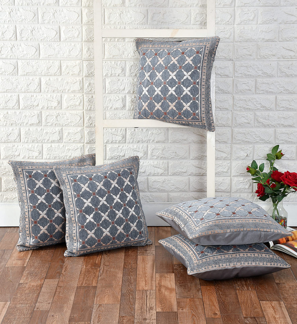 DECOMIZER Jacquard Geomteric Cushion Covers 16 Inch X 16 Inch Set Of 5 Ethnic Motifs Cushion Covers,Design- Criss-Cross,Color- Grey, 240 TC
