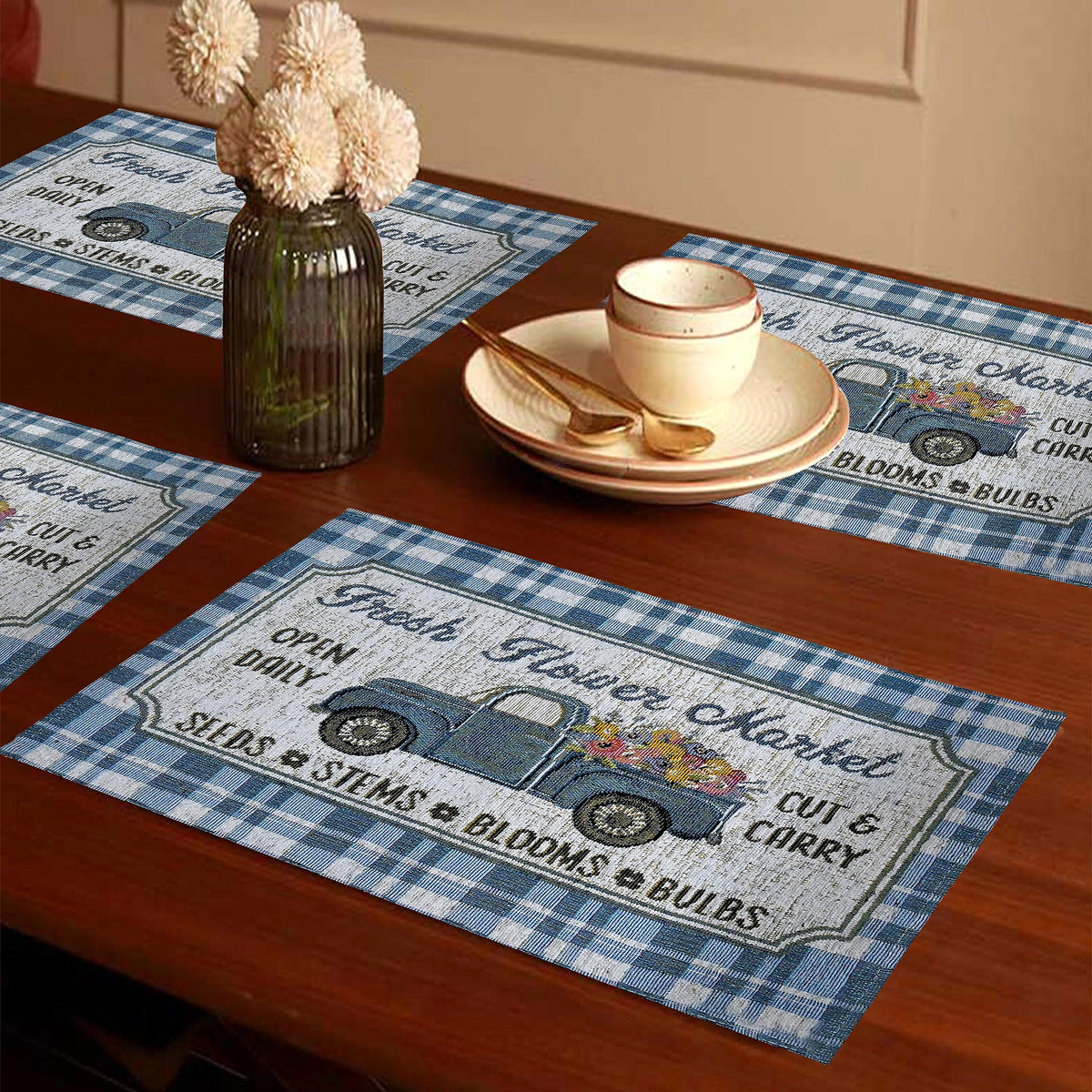 PRAKARTIK BY INDUARTS Fresh Flower Truck Market Spring Eco-Friendly Cotton Dining Table mats – Reusable, Machine Washable, Everyday Use Blue & White Rectangular Placemats, Set of 4 (33x47 cm) Kafalo
