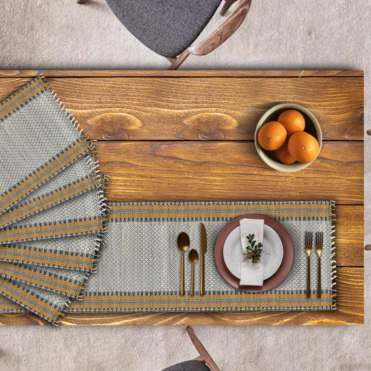SHILP KATHA Handmade River Grass Dining Table Mats Set of 6 with Runner | Heat Resistant Reversible Placemats | Zero Plastic Natural Madurkathi Eco Friendly | Rustic Boho Décor | Blissful Tablemats Kafalo