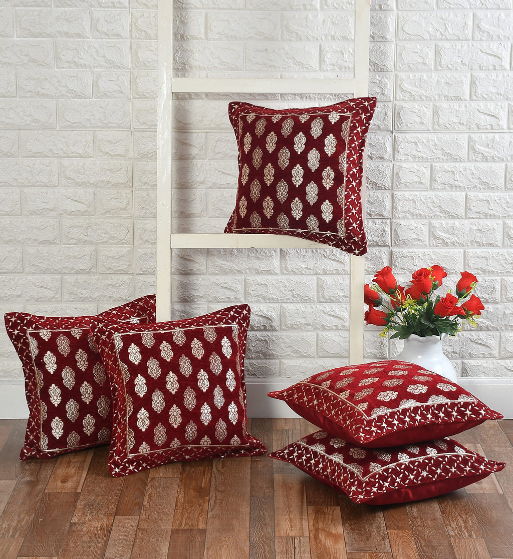 DECOMIZER Jacquard Geomteric Cushion Covers 24 Inch X 24 Inch Set Of 5 Ethnic Motifs 240 TC Cushion Covers,Design- Ambi,Color- Maroon