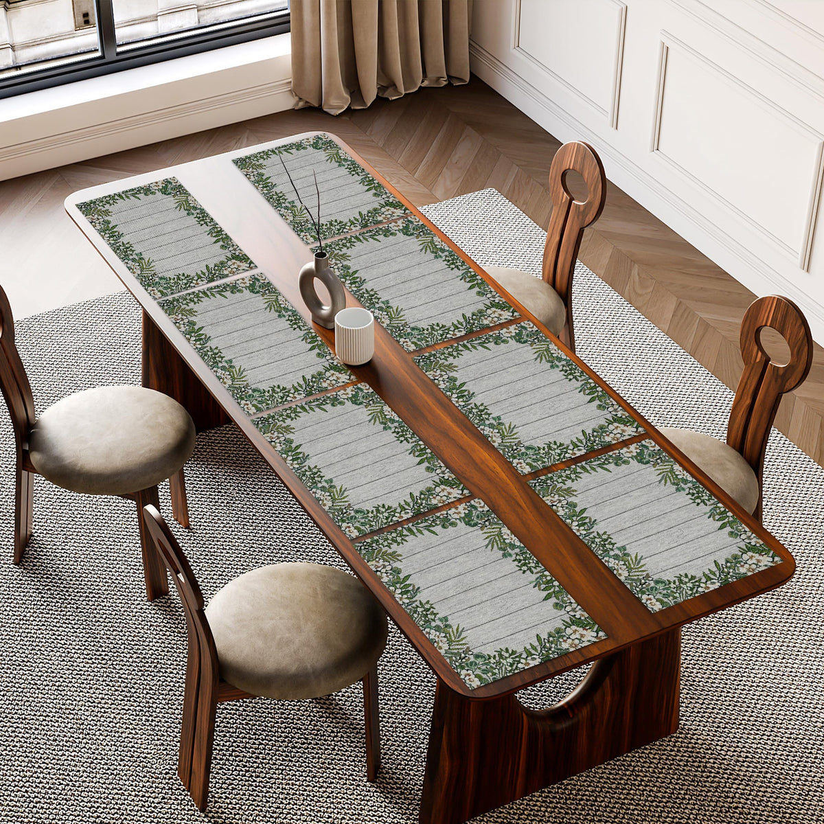 PRAKARTIK BY INDUARTS Daisy Flower Floral Eco-Friendly Cotton Dining Table mats – Reusable, Machine Washable, Everyday Use Green & White Rectangular Placemats, Set of 8 (33x47 cm) Kafalo
