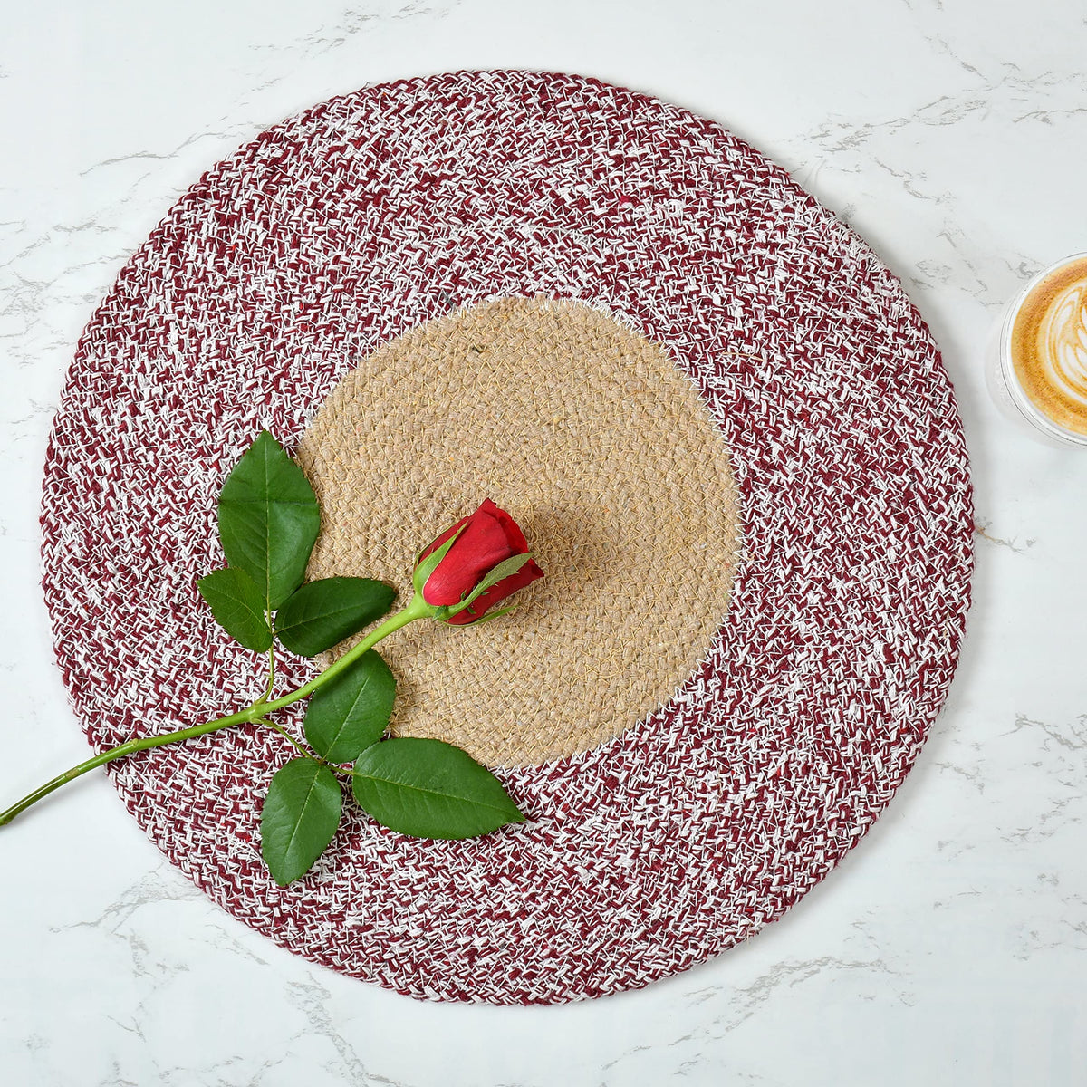 LaVichitra Braided Cotton Placemats 33 Cm Round - Dining Table, Bed Side/Centre Table/Shelves -Maroon - 2 Piece Kafalo